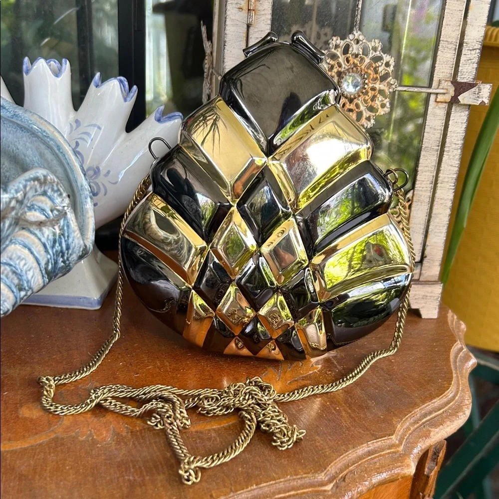 Vintage Art Deco Gold and Black Geometric Lucite Metal Clutch